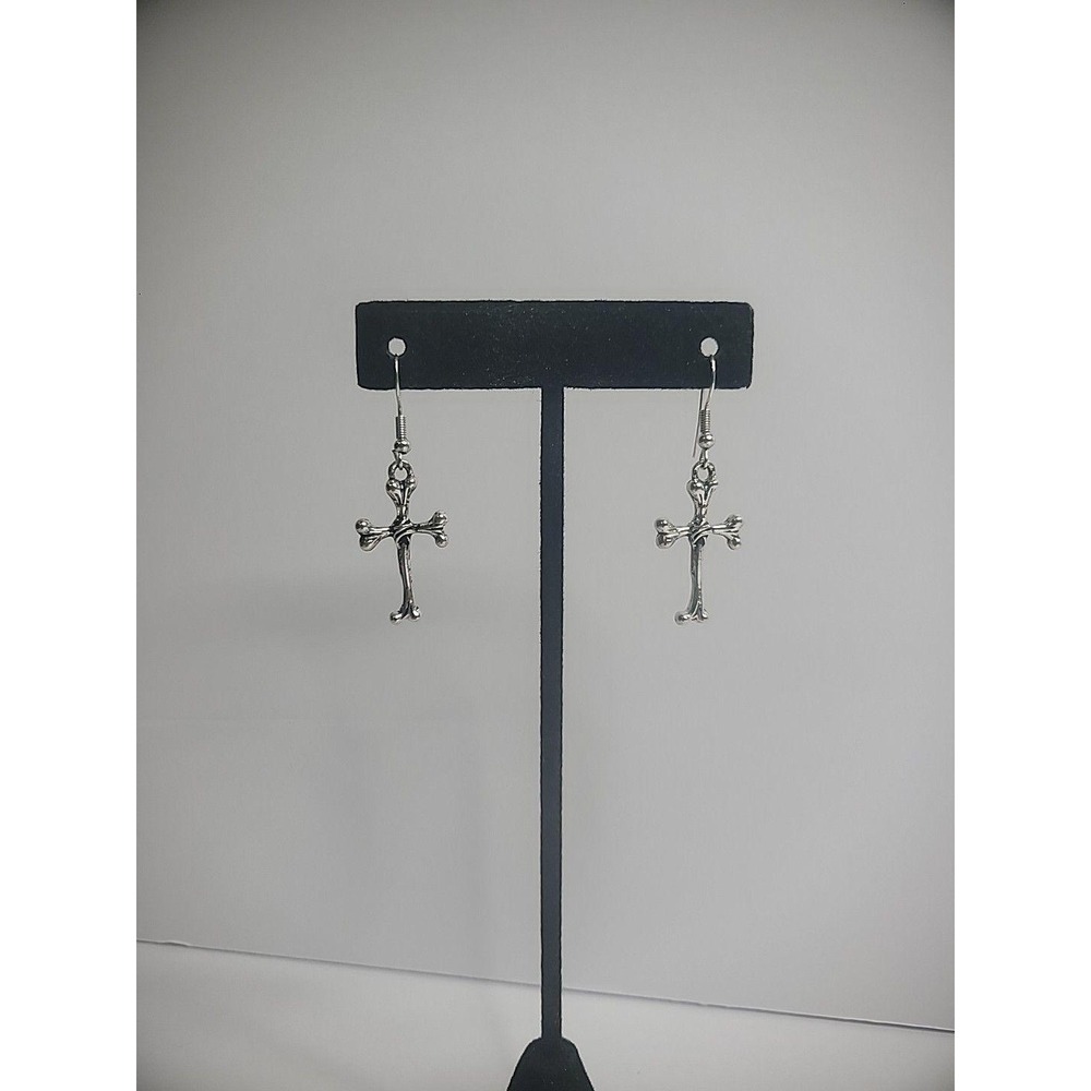Vintage Silver Tone Cross Earrings Pierced Hooks Womens Jewelry Costume - Picture 4 of 7